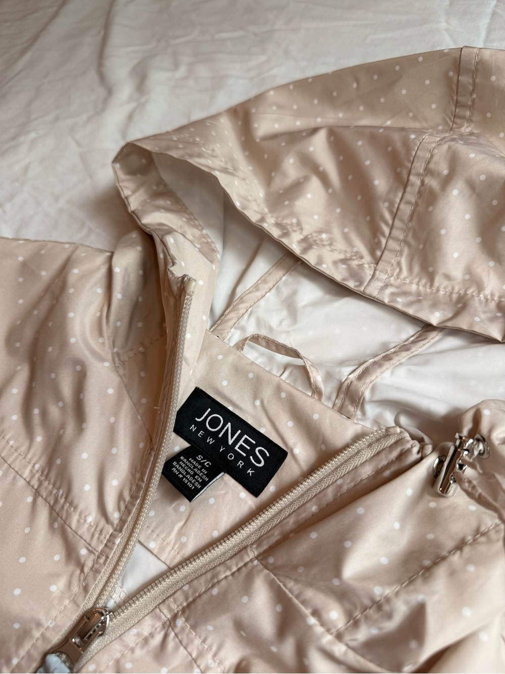Jones New York Beige Polka Dot Hooded Trench Jacket